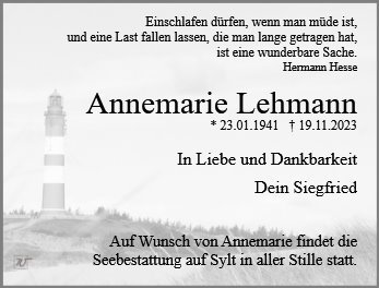 Erinnerungsbild für Frau Annemarie Lehmann