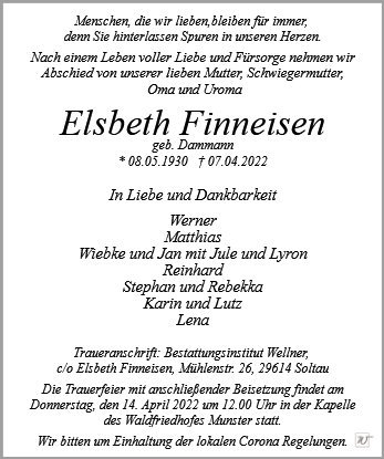 Erinnerungsbild für Frau Elsbeth Finneisen