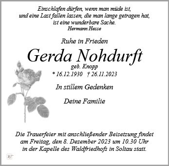 Erinnerungsbild für Frau Gerda Nohdurft