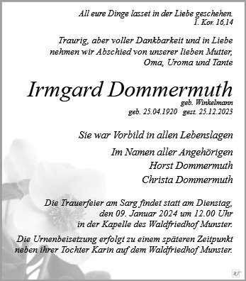 Erinnerungsbild für Frau Irmgard Dommermuth