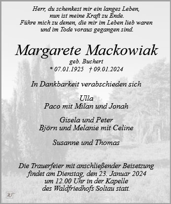 Erinnerungsbild für Frau Margarete Mackowiak