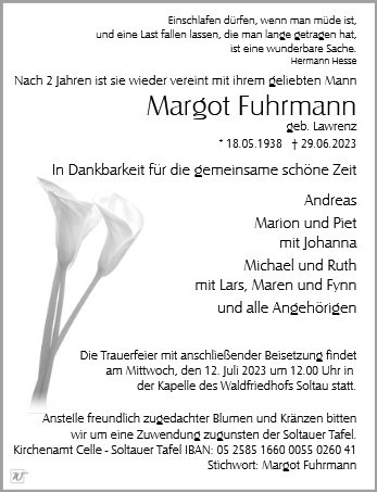 Erinnerungsbild für Frau Margot Fuhrmann